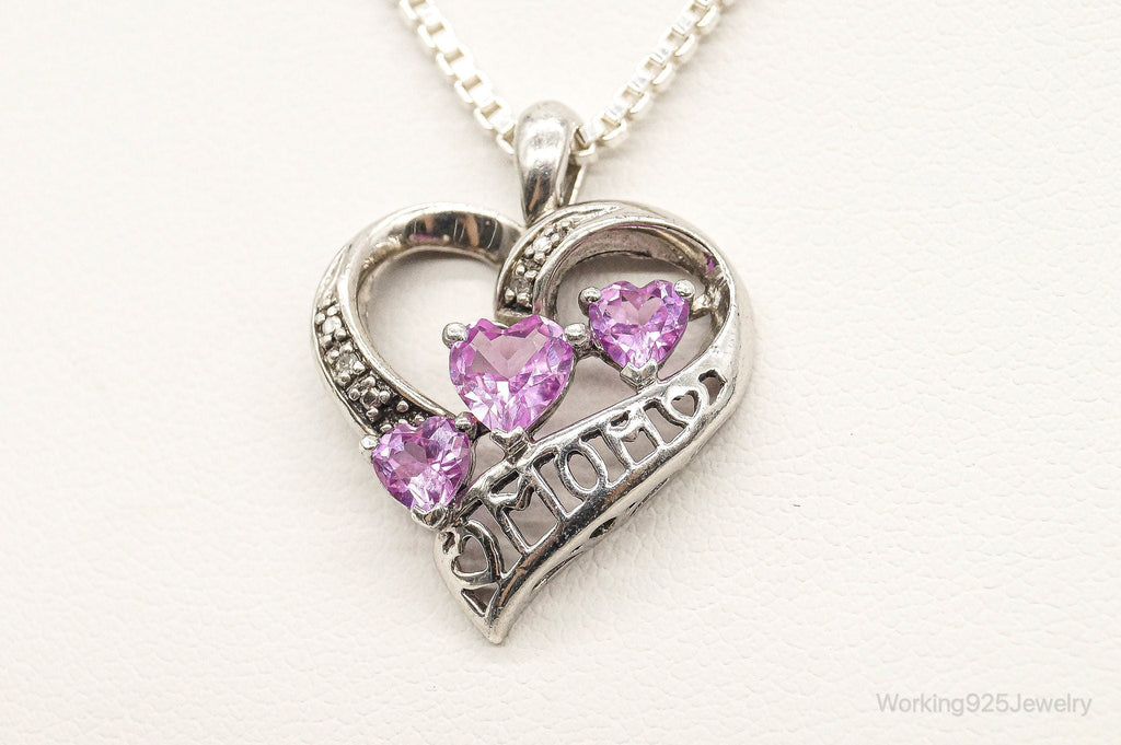 Vintage Pink Topaz Two Diamond Heart Mom Sterling Silver Necklace | Jewelry > Necklaces > Pendants | Wiccan Center