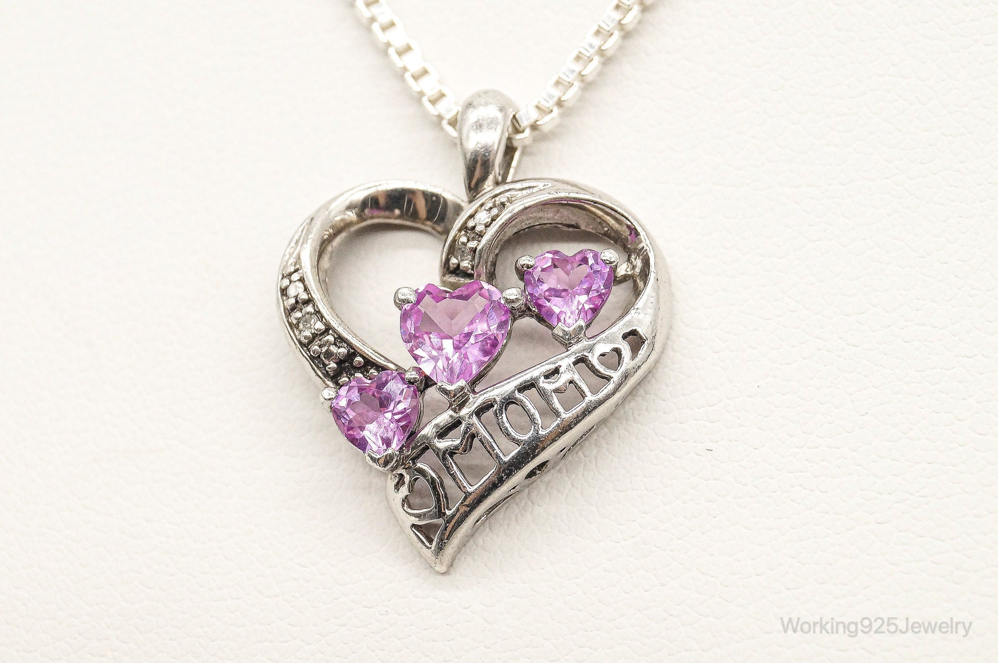 Vintage Pink Topaz Two Diamond Heart Mom Sterling Silver Necklace | Jewelry > Necklaces > Pendants | Wiccan Center