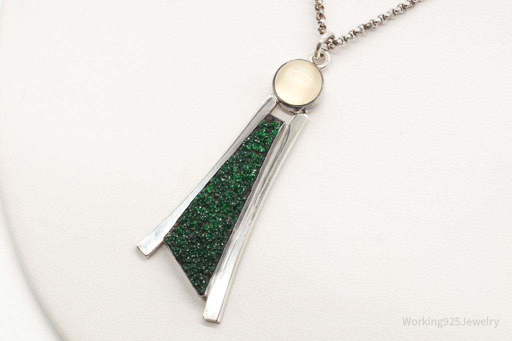 Vintage Moonstone Green Druzy Quartz Modernist Sterling Silver Necklace | Jewelry > Necklaces > Pendants | Wiccan Center