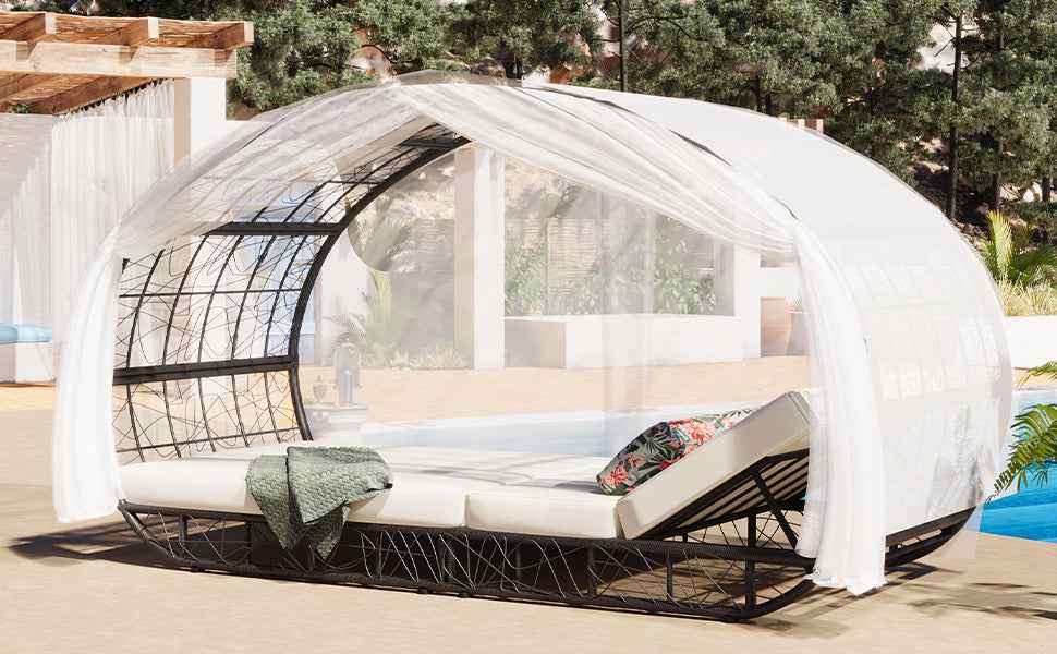 90.55" Outdoor Patio Daybed with Curtain, Sunbed with Cushion and | Furniture | Wiccan Center
