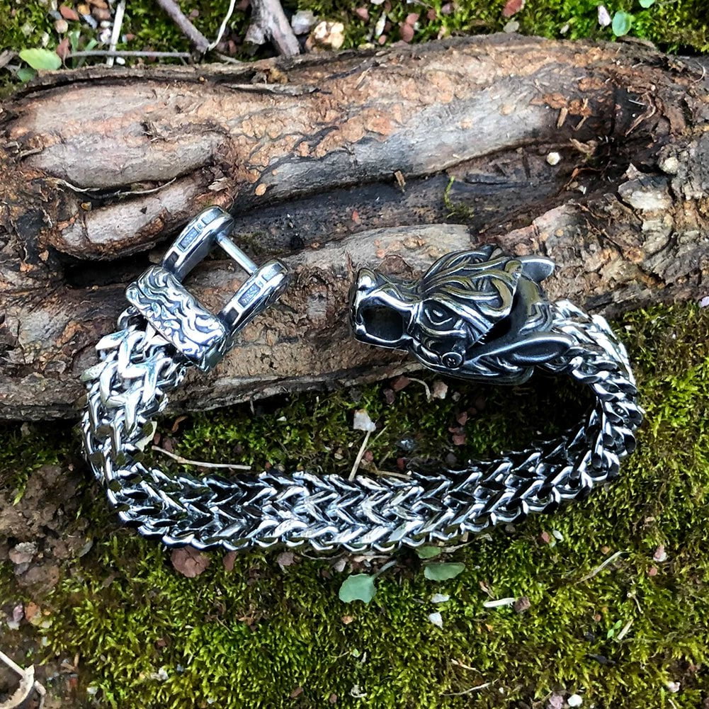 Vikings Wolf Head Stainless Steel Punk Link Bracelet | Chain & Link Bracelets | Wiccan Center