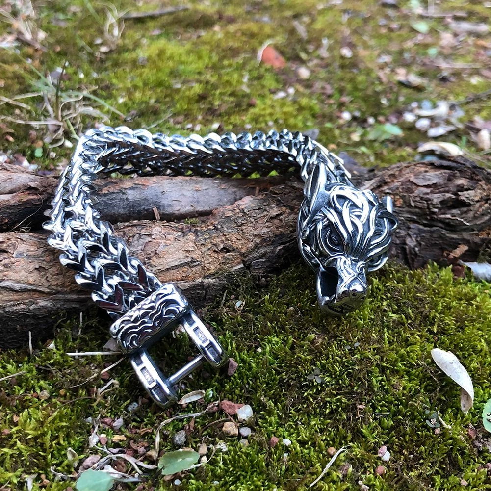 Vikings Wolf Head Stainless Steel Punk Link Bracelet | Chain & Link Bracelets | Wiccan Center