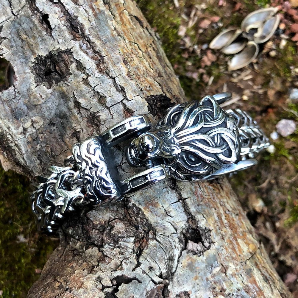Vikings Wolf Head Stainless Steel Punk Link Bracelet | Chain & Link Bracelets | Wiccan Center