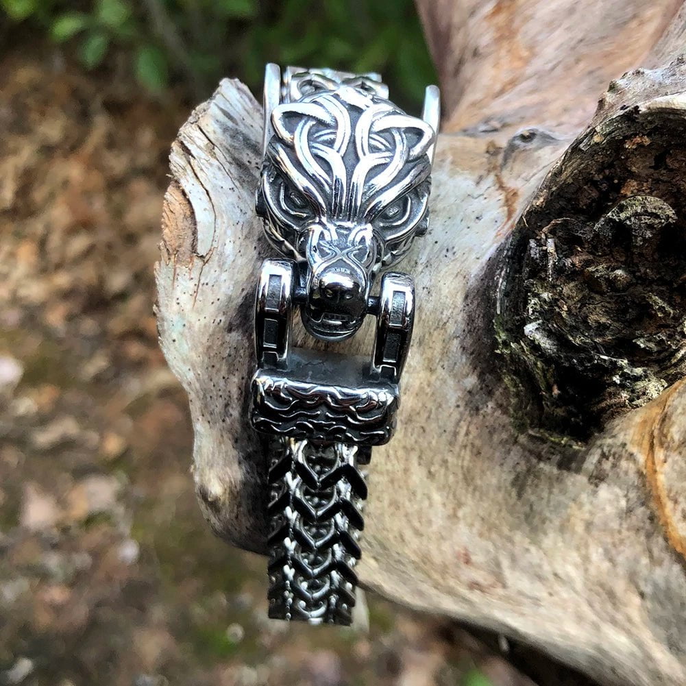 Vikings Wolf Head Stainless Steel Punk Link Bracelet | Chain & Link Bracelets | Wiccan Center
