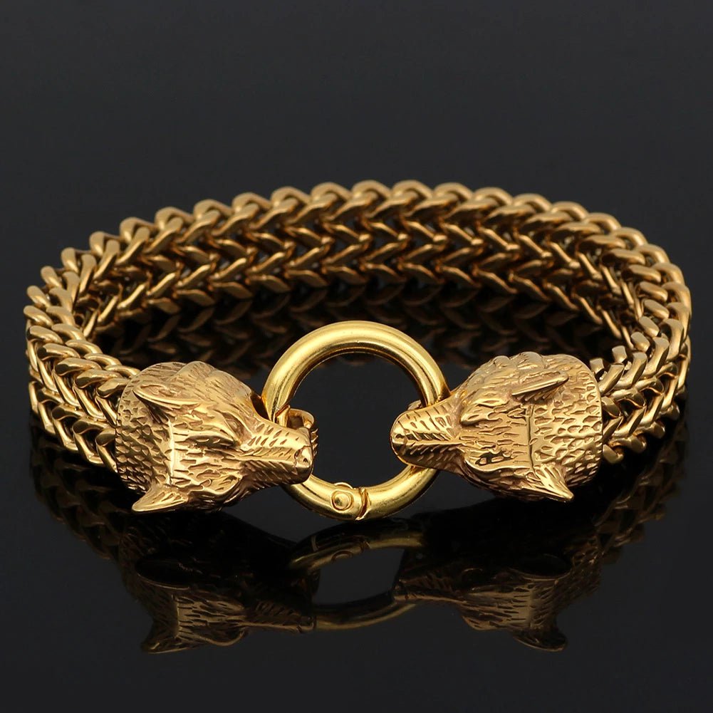 Vikings Wolf Heads Stainless Steel Bracelet | Chain & Link Bracelets | Wiccan Center