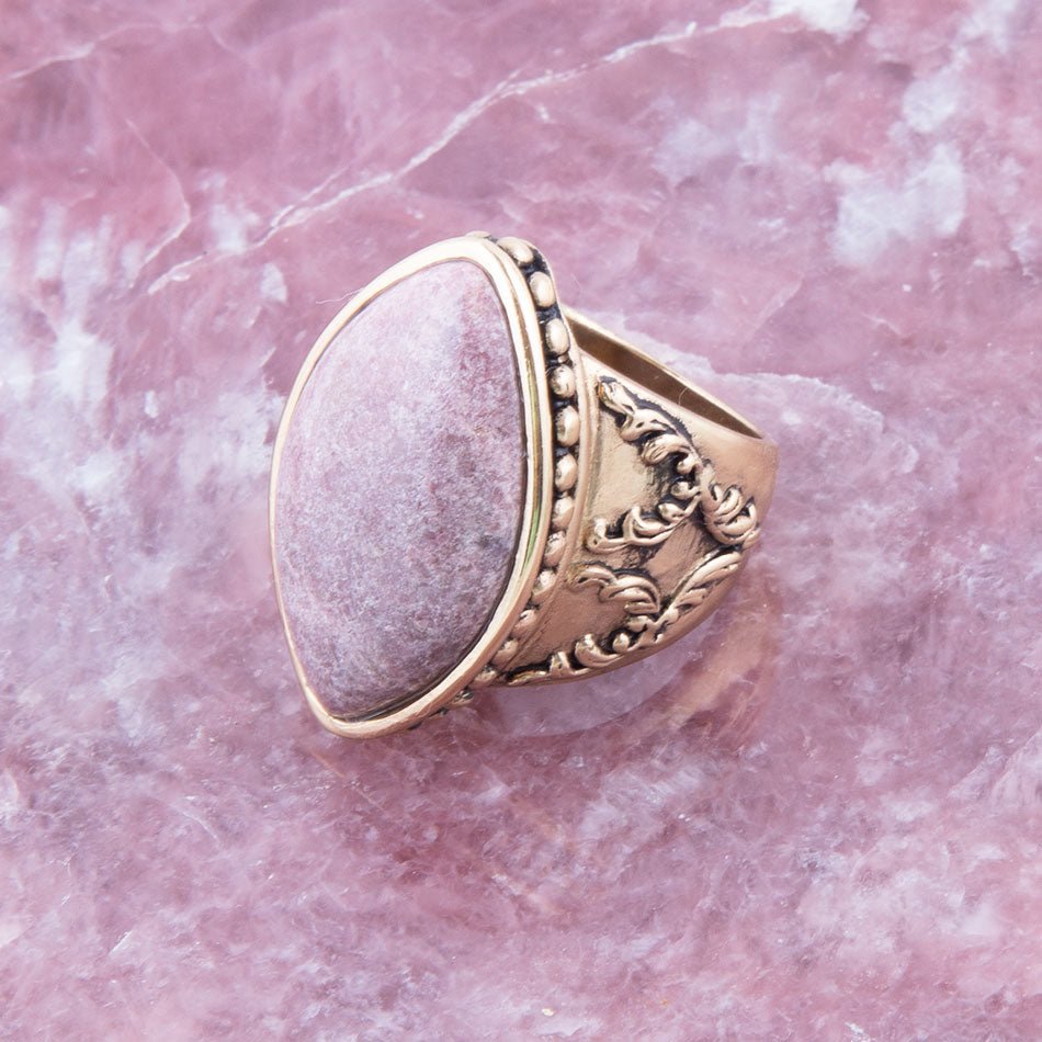 Champion Pink Rhodonite Golden Cocktail Ring | Rings | Wiccan Center
