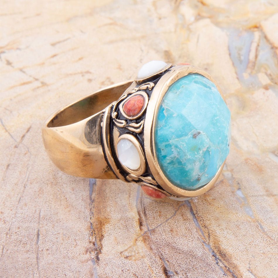 Champs Blue Turquoise and Coral Golden Statement Ring | Rings | Wiccan Center