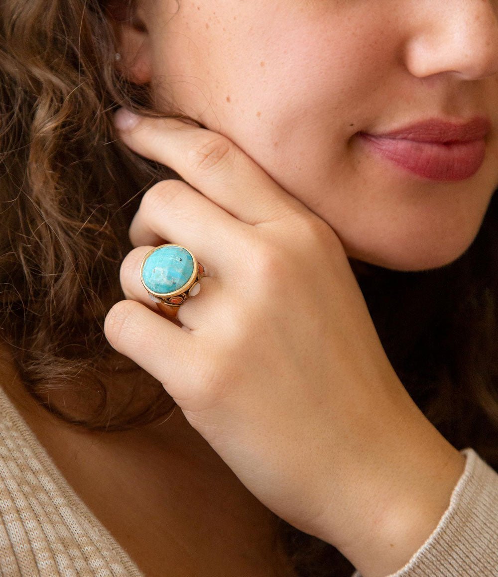 Champs Blue Turquoise and Coral Golden Statement Ring | Rings | Wiccan Center