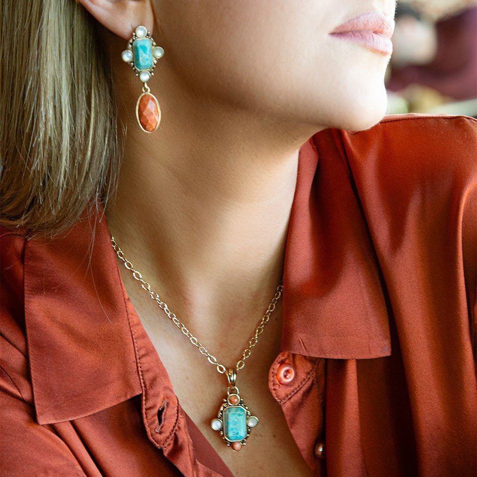 Champs Blue Turquoise and Orange Coral Golden Pendant Necklace | Earrings | Wiccan Center