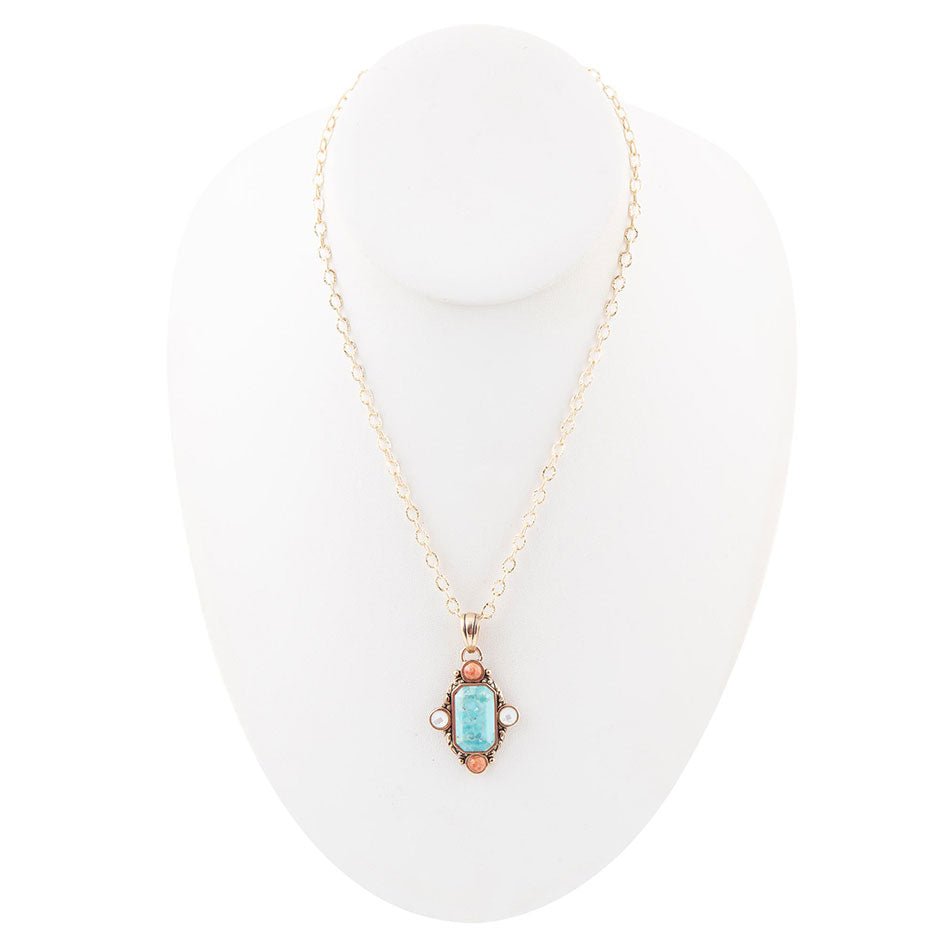 Champs Blue Turquoise and Orange Coral Golden Pendant Necklace | Earrings | Wiccan Center