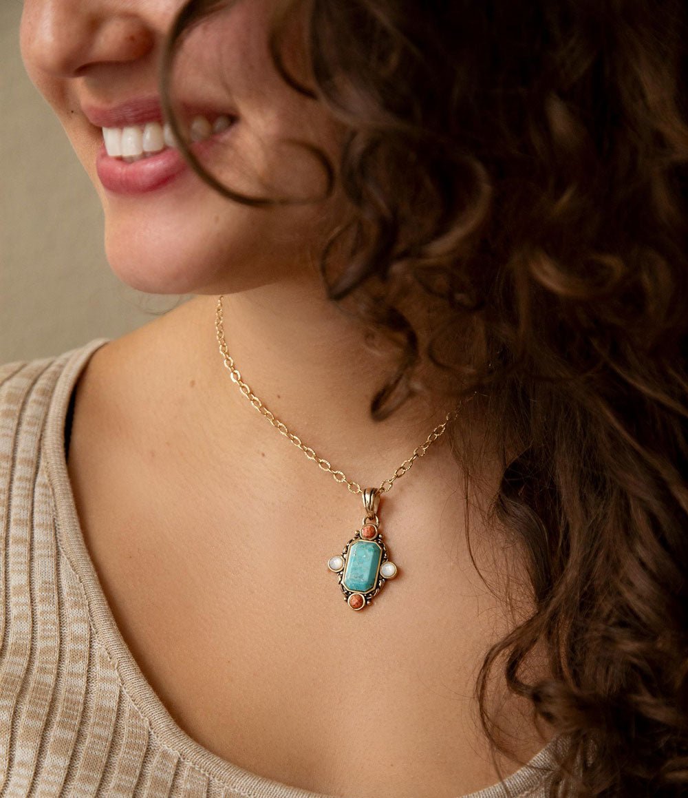 Champs Blue Turquoise and Orange Coral Golden Pendant Necklace | Earrings | Wiccan Center