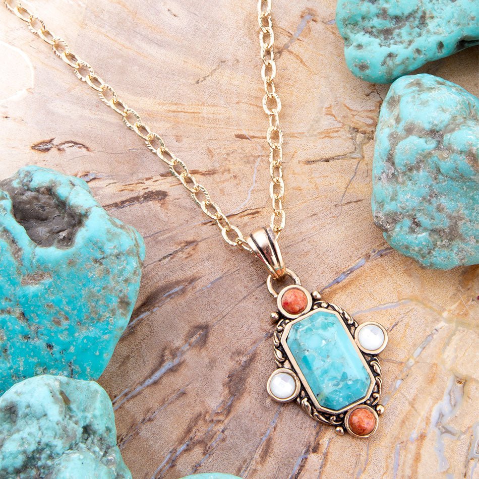 Champs Blue Turquoise and Orange Coral Golden Pendant Necklace | Earrings | Wiccan Center