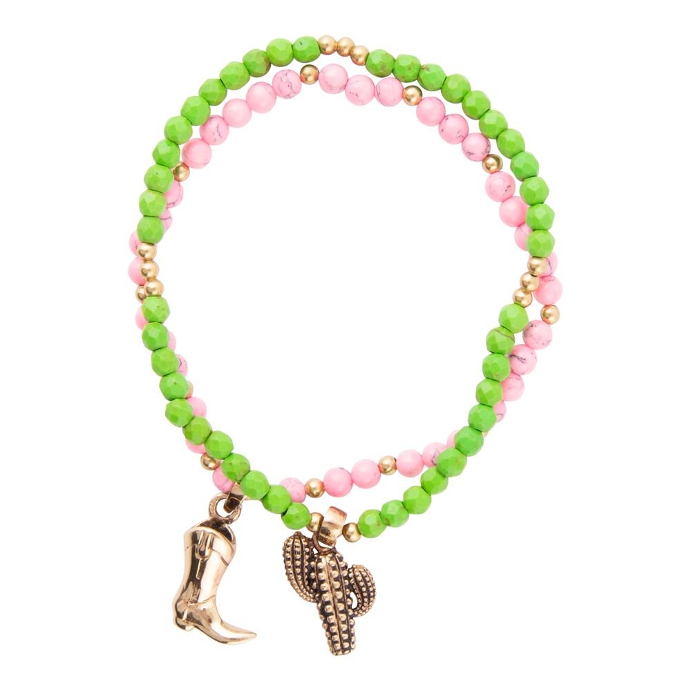 Charmed Cactus and Boot Pink Green Jade Golden Bracelet Set | Bracelets | Wiccan Center