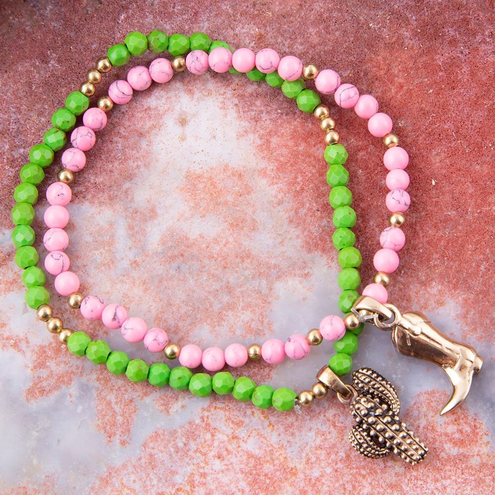 Charmed Cactus and Boot Pink Green Jade Golden Bracelet Set | Bracelets | Wiccan Center