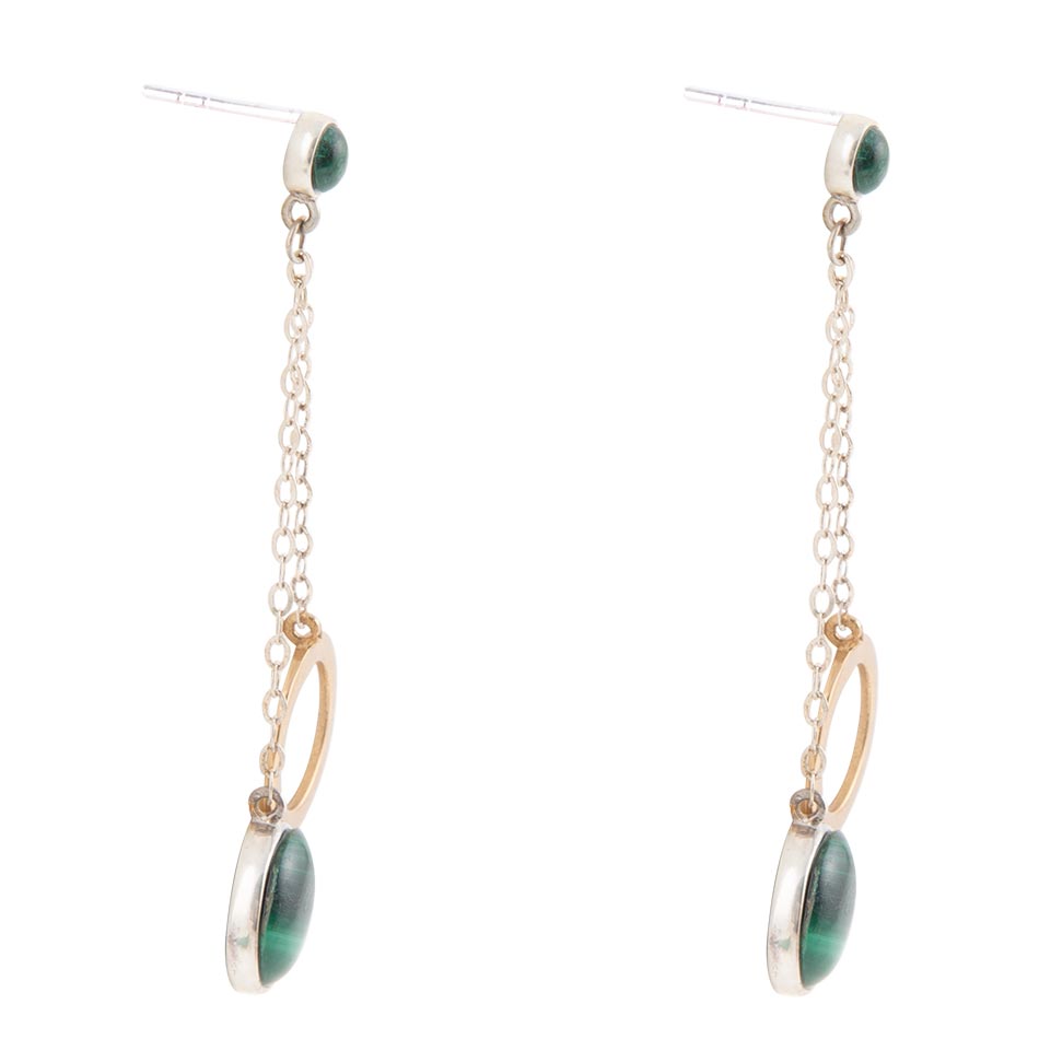 Circle Green Malachite and Two-Toned Metal Dangle Earrings | Earrings | Wiccan Center