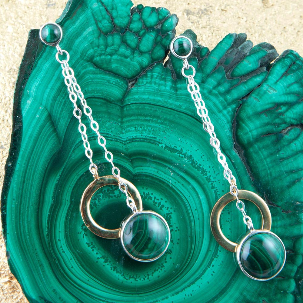 Circle Green Malachite and Two-Toned Metal Dangle Earrings | Earrings | Wiccan Center
