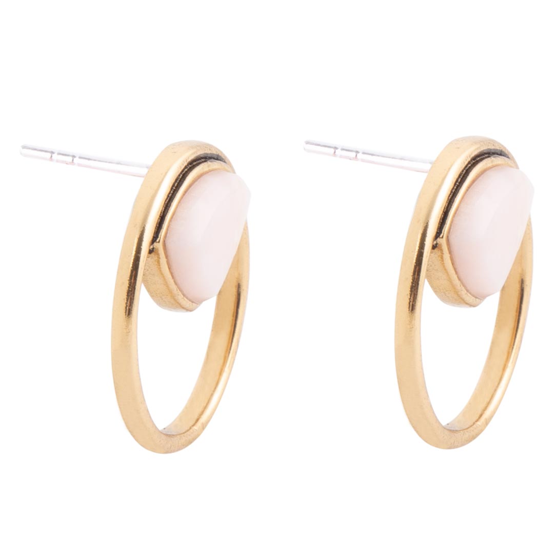 Circle Pink Opal and Golden Bronze Post Stud Earrings | Earrings | Wiccan Center