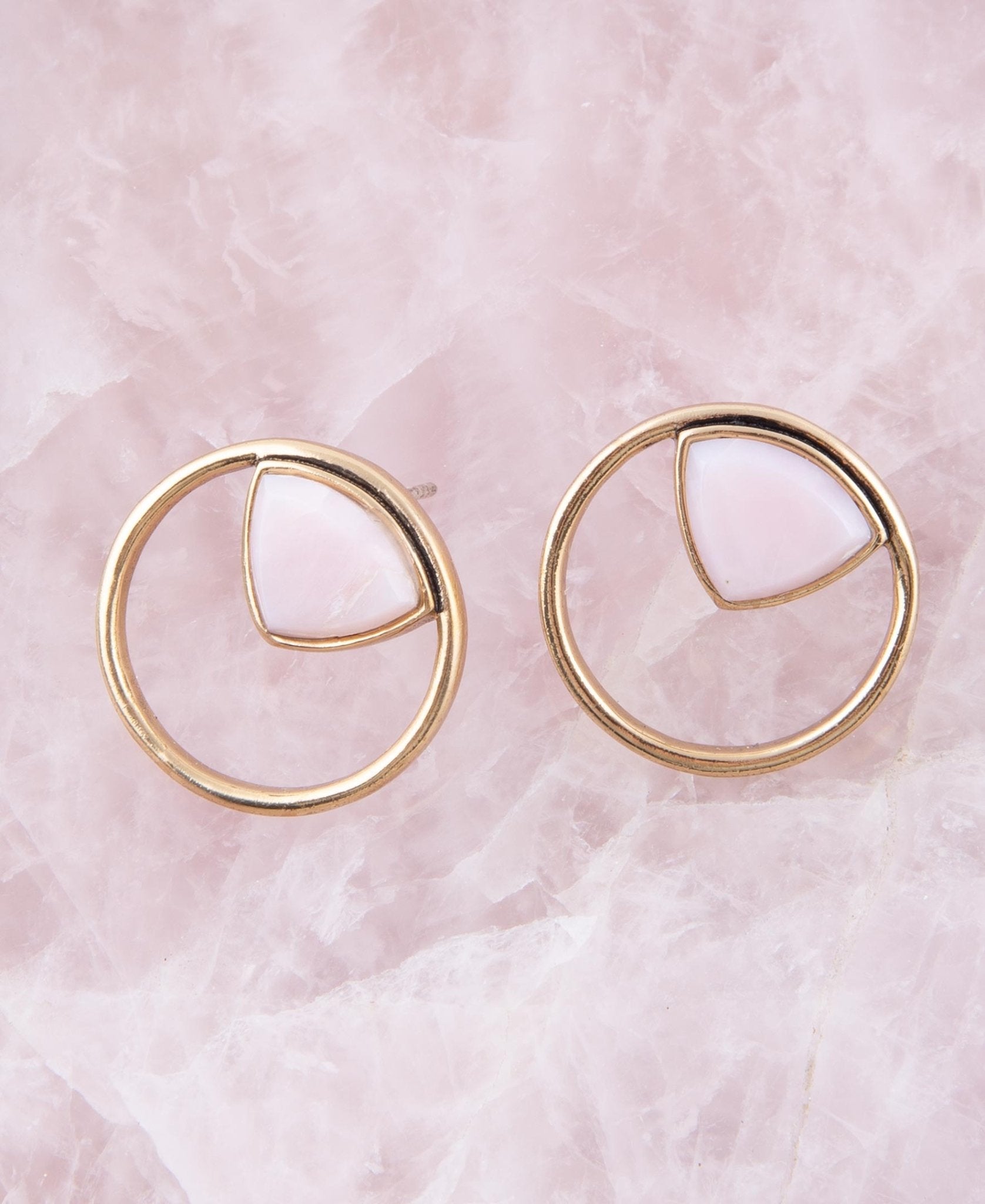 Circle Pink Opal and Golden Bronze Post Stud Earrings | Earrings | Wiccan Center