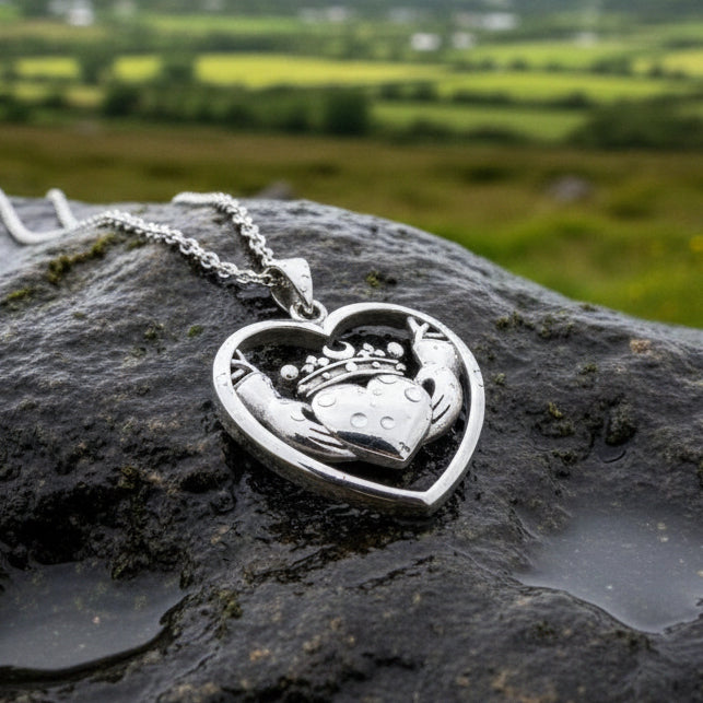 Celestial Moon Irish Claddagh Necklace in Sterling Silver