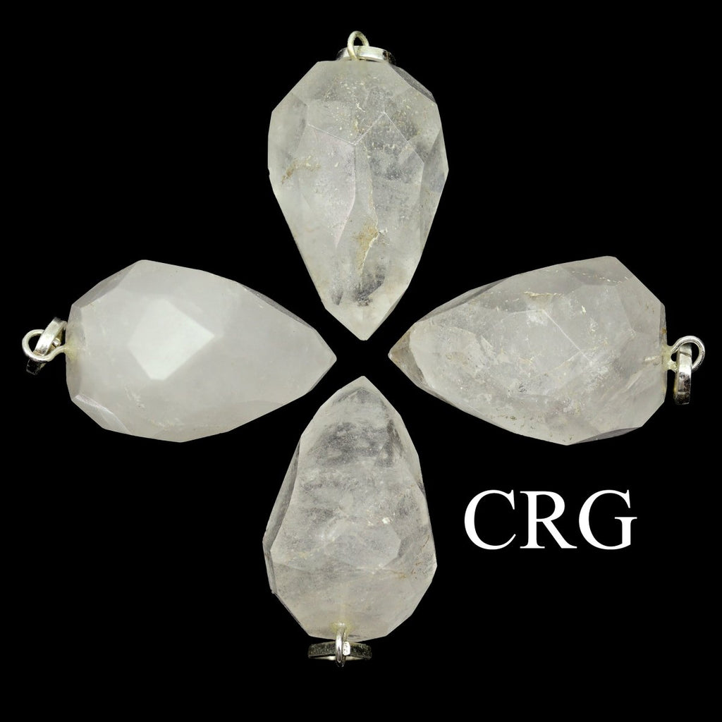 Crystal Quartz Facet Drop Pendant with Silver Plated Bail (1 Inch) (4 Pieces)