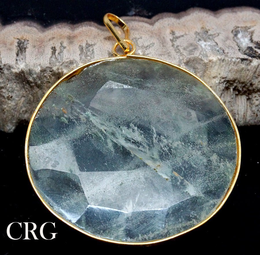Clear Quartz Faceted Round Pendant with Gold Plating (1 Piece) Size 1.5 Inches