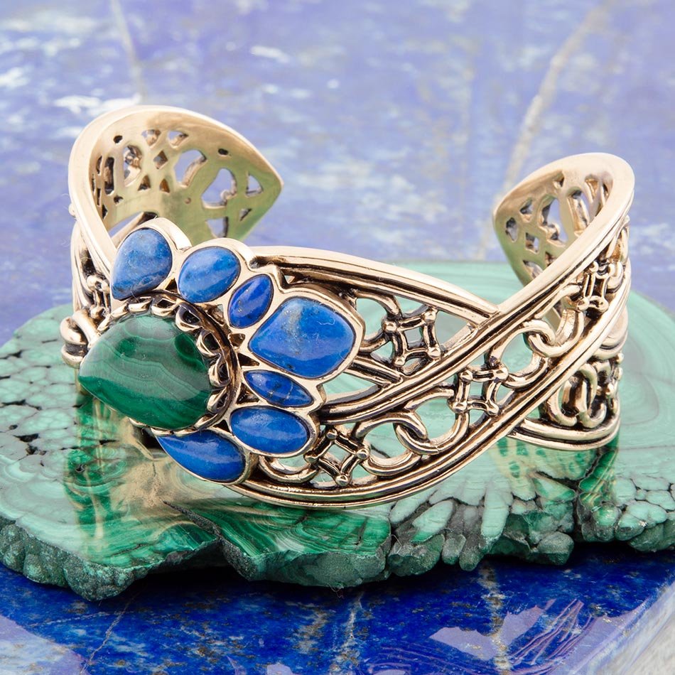Cognate Green Malachite and Blue Lapis Golden Cuff Bracelet | Bracelets | Wiccan Center