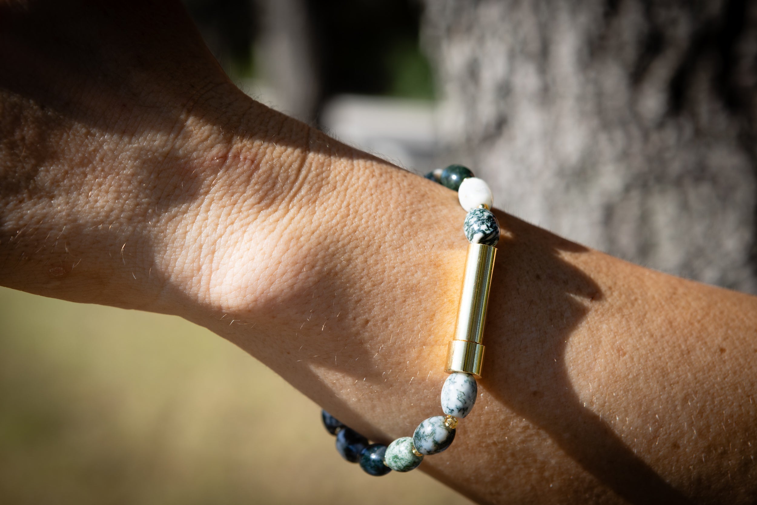 Moss Agate Barrel Bracelet for Hair Fur or Ash