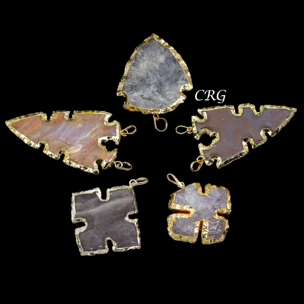 Mixed Jasper & Quartz Shaped Pendants with Gold Plating (1 To 2 Inches) (5 Pieces)