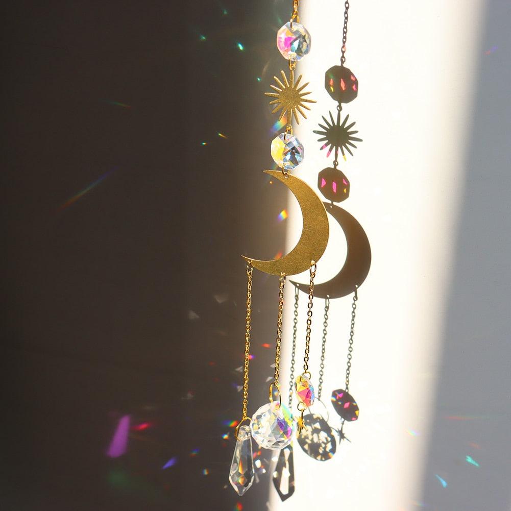 Crystal Wind Chime Star Moon Sun Pendant Indoor Window For Window in Garden Starry Sky Decor Catchers with Crystals Dream Sun Catchers Plated Colorful Beads Hanging Drop for Outdoor Garden Moon Prism | STDEJS92PL2 | Wiccan Center