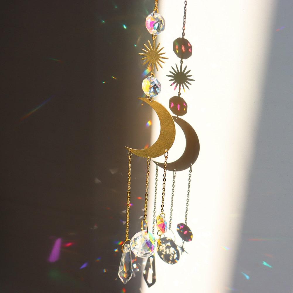 Crystal Wind Chime Star Moon Sun Pendant Indoor Window For Window in Garden Starry Sky Decor Catchers with Crystals Dream Sun Catchers Plated Colorful Beads Hanging Drop for Outdoor Garden Moon Prism | STDEJS92PL2 | Wiccan Center