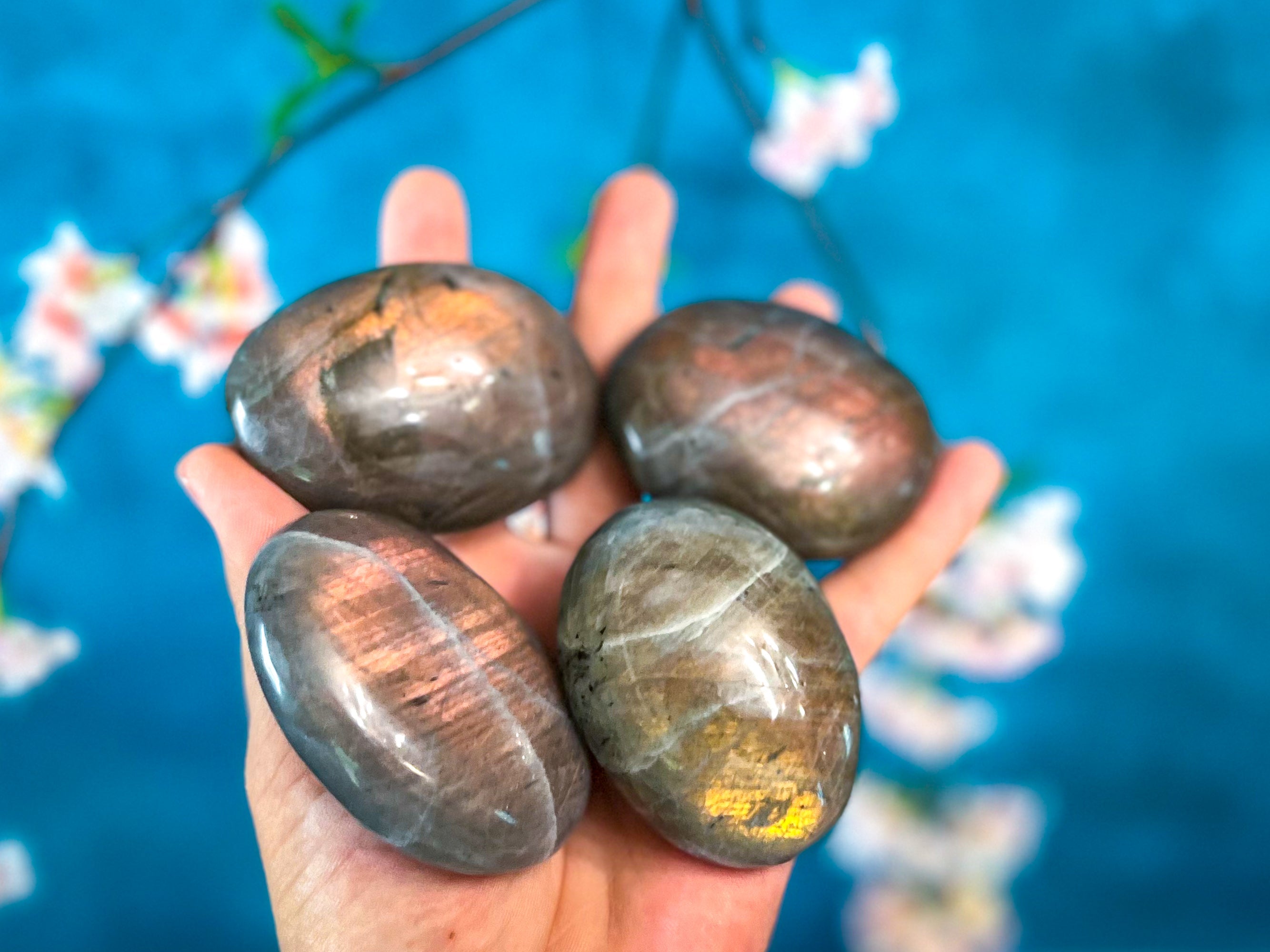 SUNSET Labradorite Palm Stone, Orange Labradorite, Yellow Labradorite, Pink Labradorite