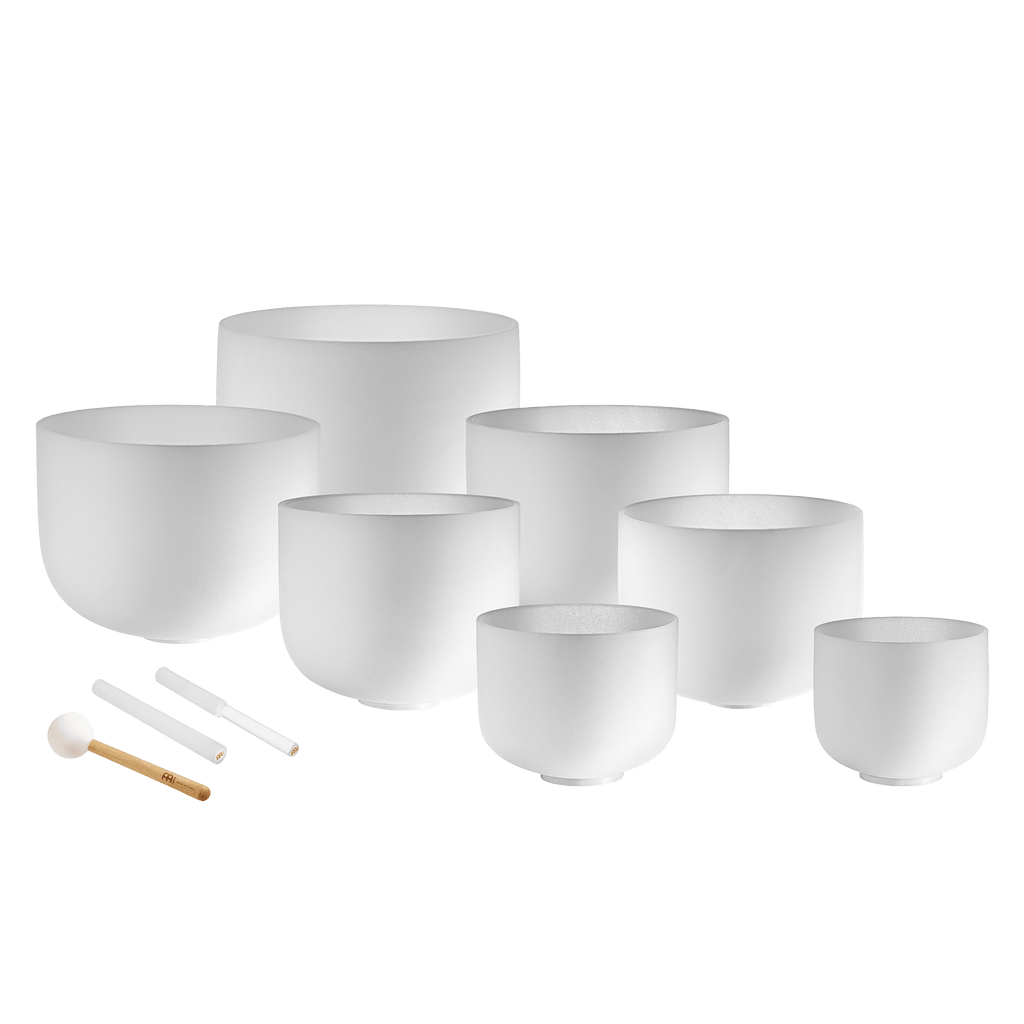 432 Hz Crystal Singing Bowl Chakra Set - 7 Pure White Quartz Bowls (8"–14") | 432 Hz White-Frosted Crystal Singing Bowl Set | Wiccan Center