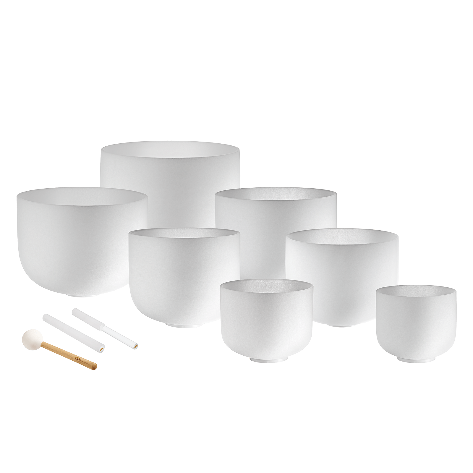 432 Hz Crystal Singing Bowl Chakra Set - 7 Pure White Quartz Bowls (8"–14") | 432 Hz White-Frosted Crystal Singing Bowl Set | Wiccan Center