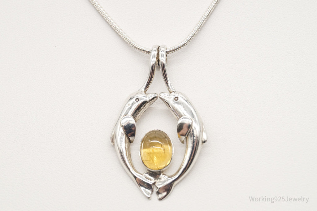 Vintage Large Kissing Dolphins Citrine Sterling Silver Necklace | Jewelry > Necklaces > Pendants | Wiccan Center