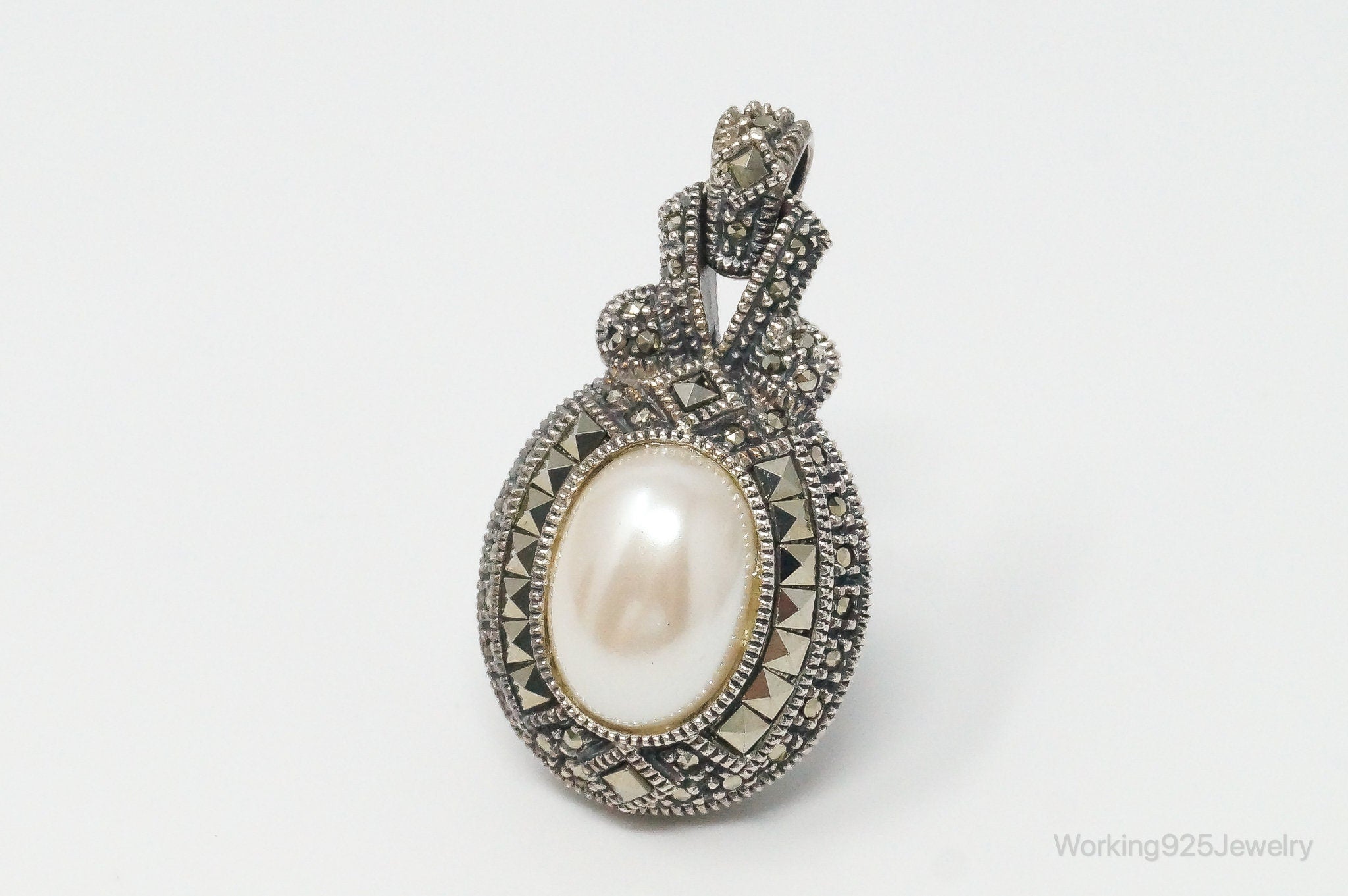 Large Vintage White Blue Pearl Marcasite Reversible Sterling Silver Pendant | Jewelry > Necklaces > Pendants | Wiccan Center