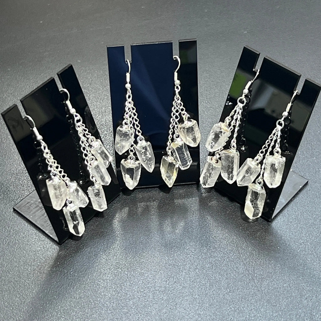 Quartz Crystal Long Earrings Pair (Silver Plated) Triple Dangle Jewelry | Jewelry | Wiccan Center