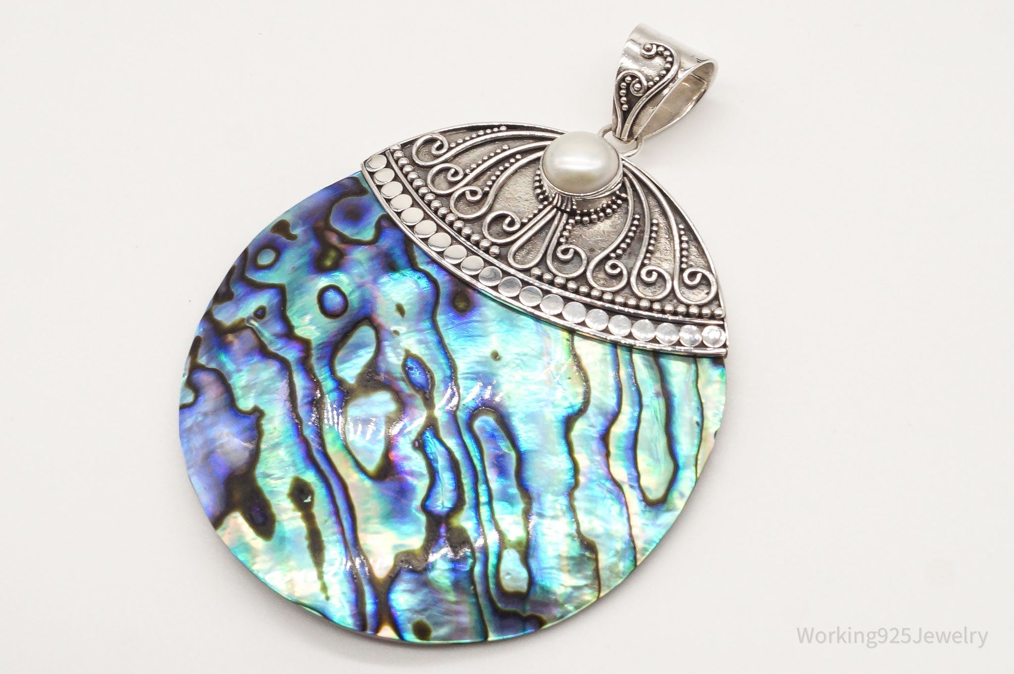 Vintage Designer Merav Large Abalone Shell Pearl Sterling Silver Pendant | Jewelry > Necklaces > Pendants | Wiccan Center