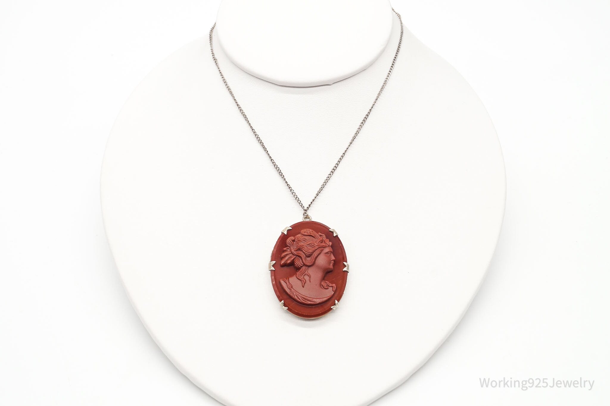 Antique Large Carved Stone Lady Cameo Sterling Silver Necklace | Jewelry > Necklaces > Pendants | Wiccan Center
