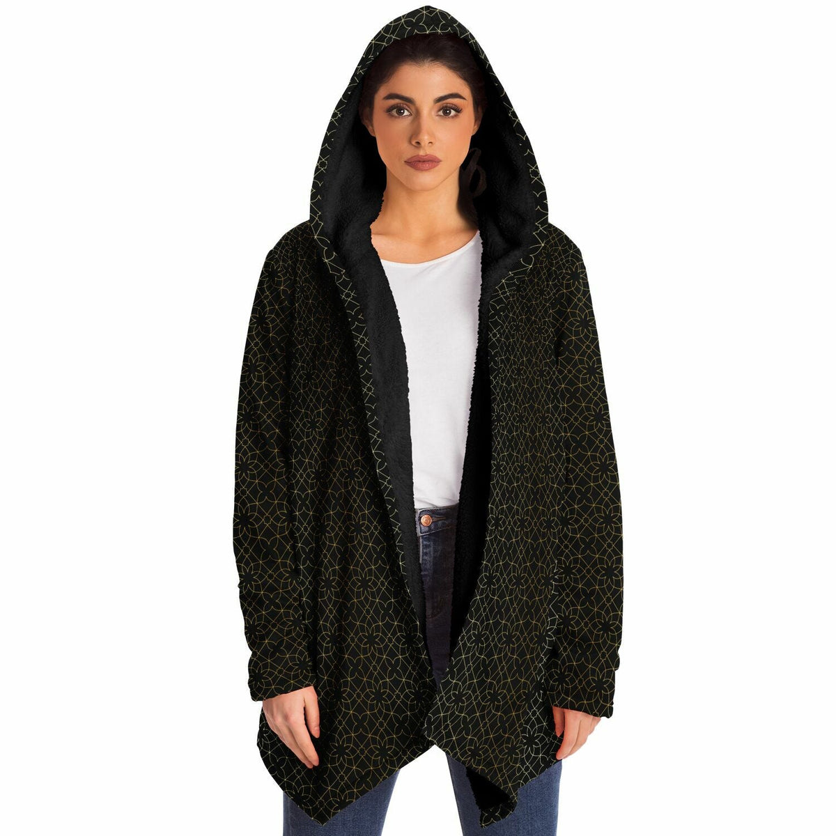 Black and Gold Sacred Geometry Flower Cuddle Cloak | Unisex Minky Sherpa Lined Hooded Coat | Women and Mens Festival Coat | Mountain Fashion | Microfleece Cloak - AOP | Wiccan Center