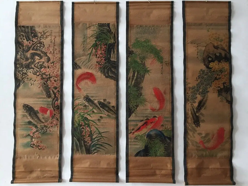 Chinese Goldfish Quadruple Scroll Painting – Four-Panel Wall Hanging