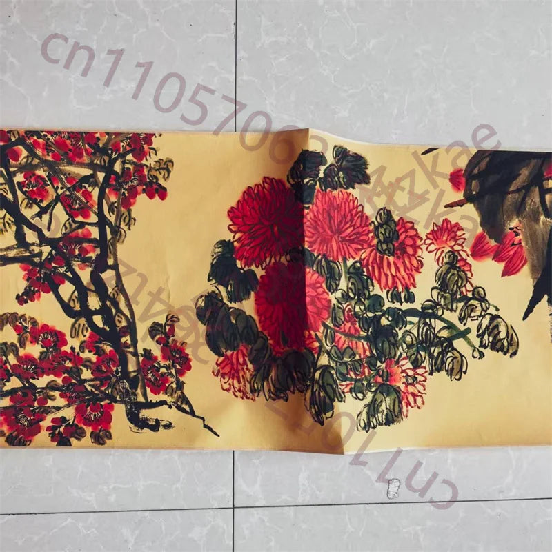 China Old long Scroll Painting,Qi Baishi's watercolor painting "Colorful Painting of the Competition of Flowers"