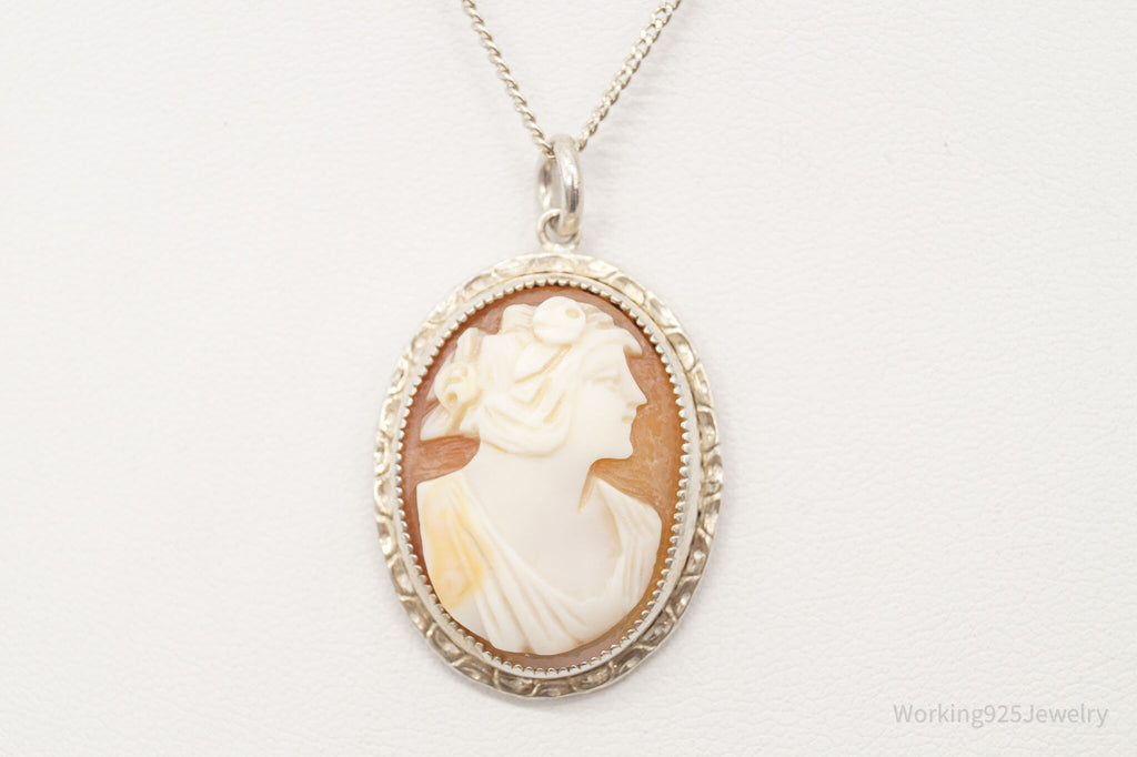 Antique Large Carved Shell Woman Cameo Sterling Silver Necklace | Jewelry > Necklaces > Pendants | Wiccan Center