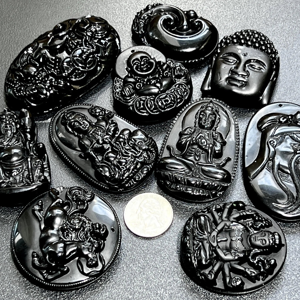 Mixed Large Black Obsidian Drilled Beads Medallion Wafer Carving Wholesale | Home & Living > Home Decor > Home Accents > Rocks & Geodes | Wiccan Center