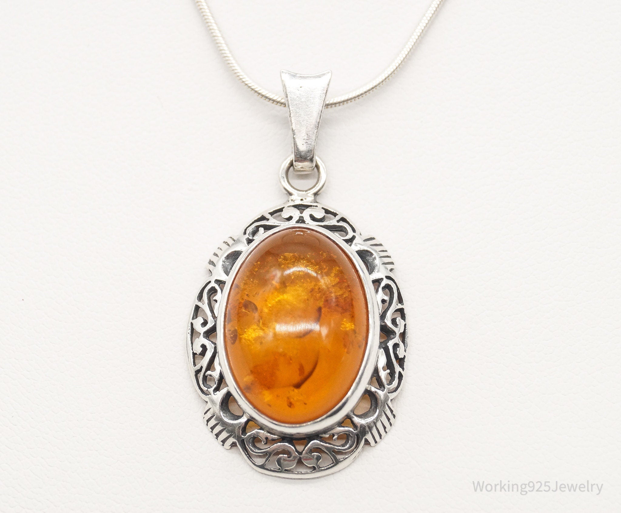 Vintage Large Amber Sterling Silver Adjustable Chain Necklace | Jewelry > Necklaces > Pendants | Wiccan Center