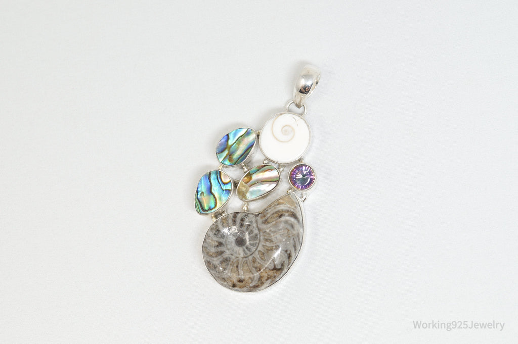 Vintage Large Fossil Shell Mystic Topaz Sterling Silver Abalone Necklace Pendant | Jewelry > Necklaces > Pendants | Wiccan Center
