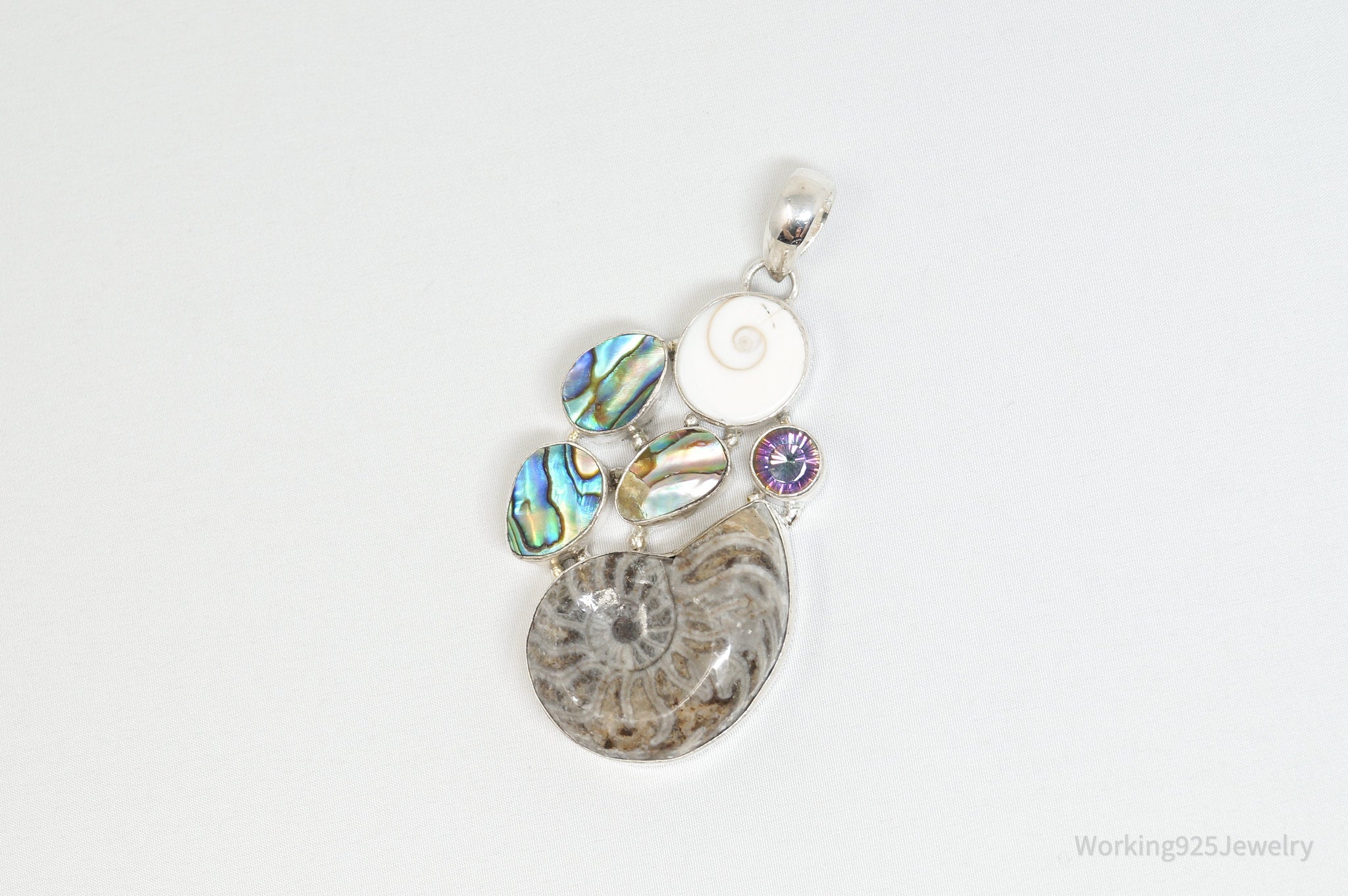 Vintage Large Fossil Shell Mystic Topaz Sterling Silver Abalone Necklace Pendant | Jewelry > Necklaces > Pendants | Wiccan Center