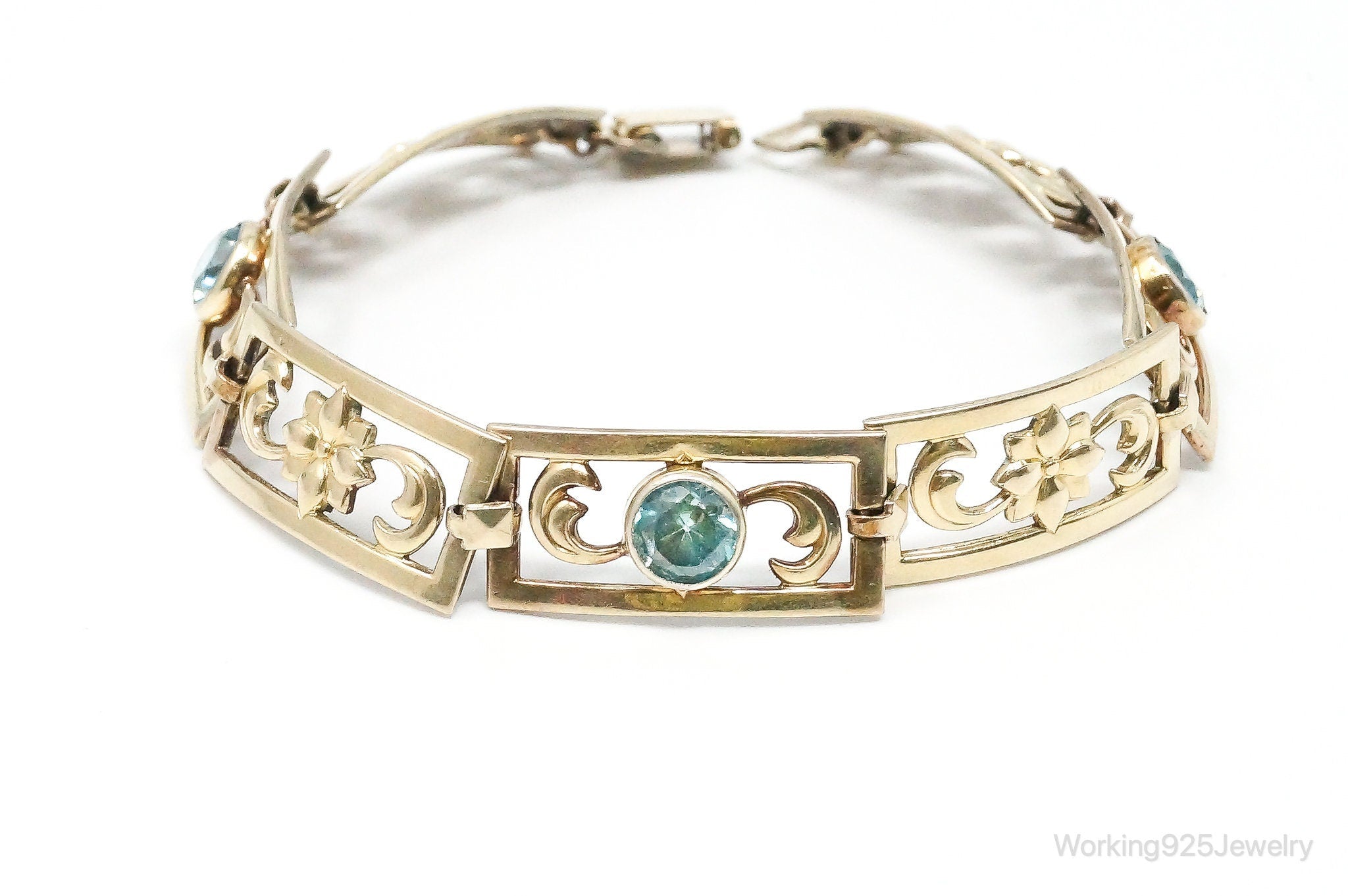 Vintage Designer Symmetalic 14K Gold Blue Topaz Art Deco SterlingSilver Bracelet | Jewelry > Bracelets | Wiccan Center