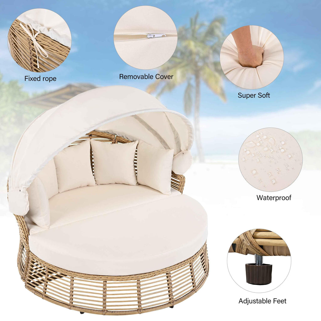 Outdoor Patio Rattan Round Daybed with Retractable Canopy, Wicker | Furniture | Wiccan Center