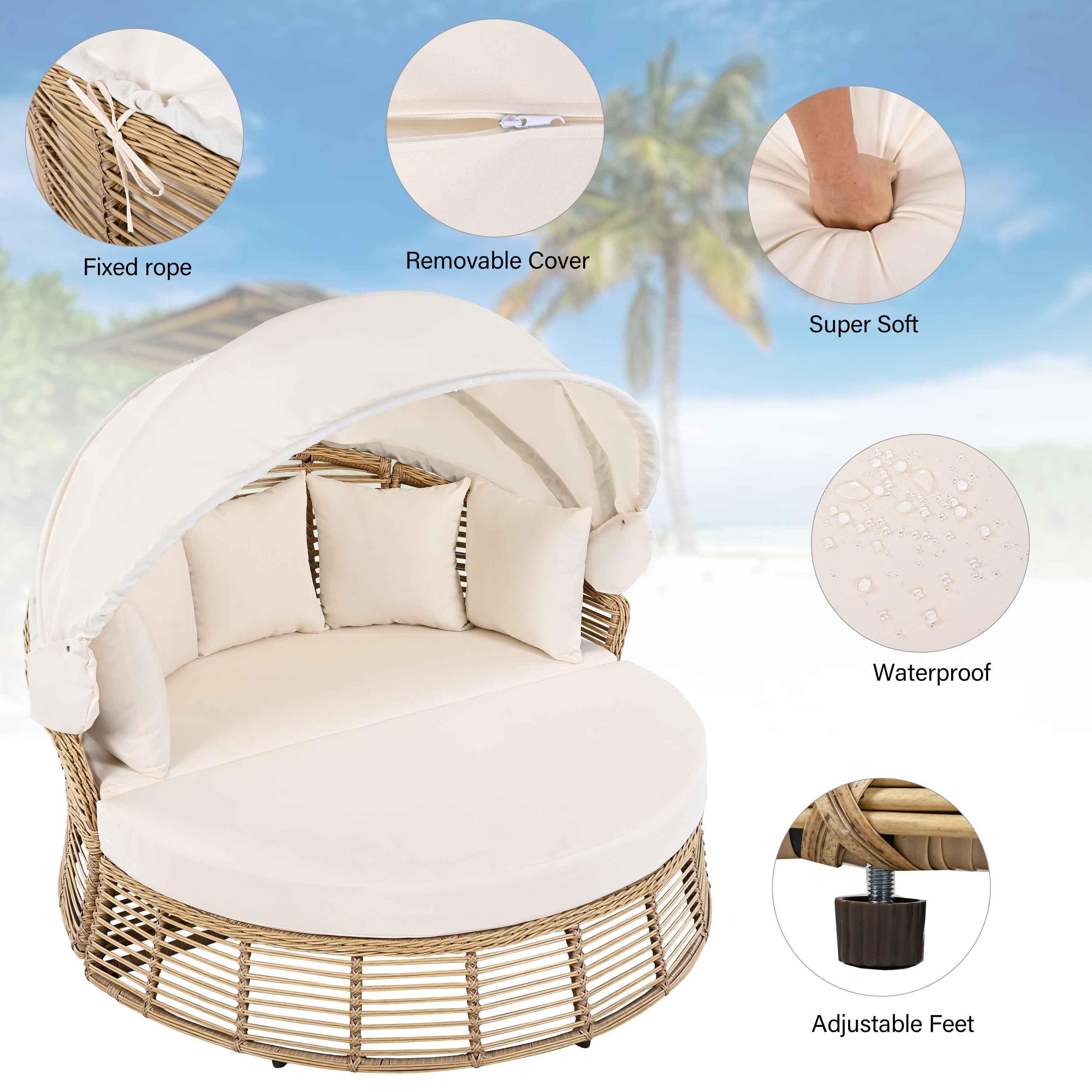 Outdoor Patio Rattan Round Daybed with Retractable Canopy, Wicker | Furniture | Wiccan Center