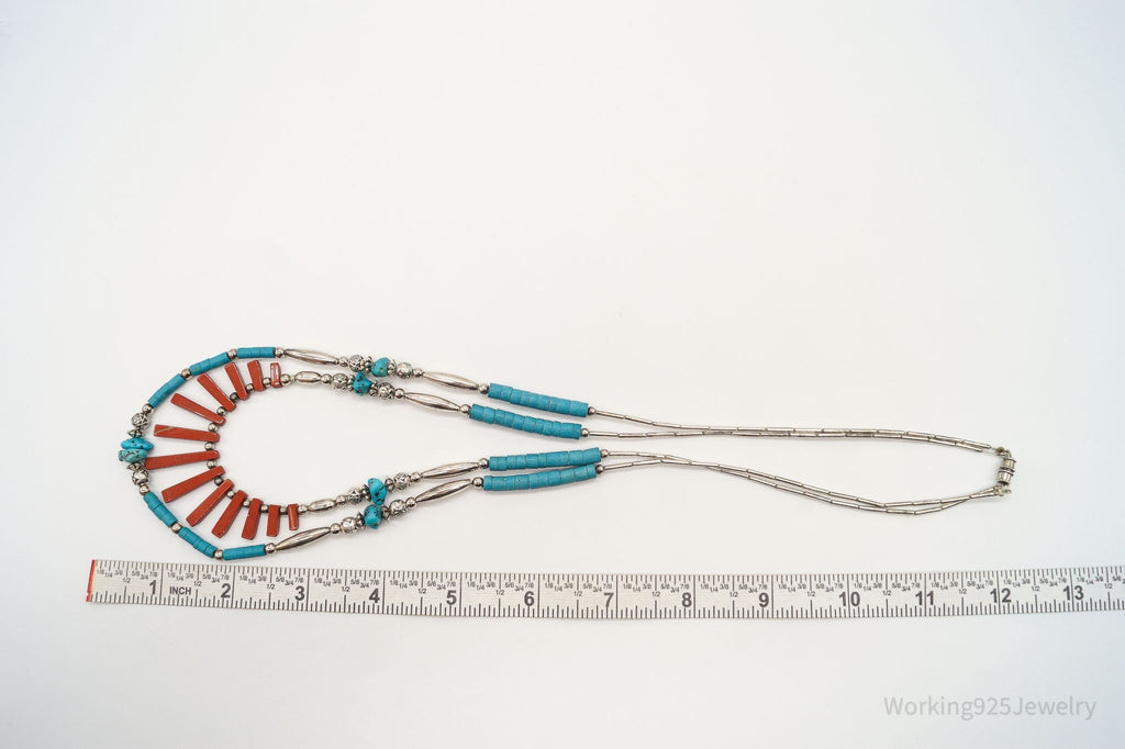 Vintage Native American Red Jasper Blue Turquoise Silver Bead Necklace 24" | Jewelry > Necklaces | Wiccan Center